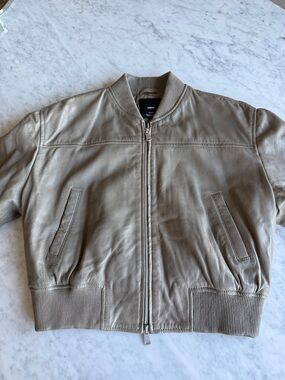 Mango Gray Leather Bomber Jacket